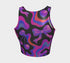 Honey Dazed Brand body-hugging racerback crop top featuring Y2K-inspired print with purple gradient cherries, holographic bows, and swirling patterns in pink, purple, and blue on black background in performance knit fabric
